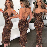 MQTIME  -  Women's Sexy Backless Mid-length Dress, Nightclub Dress, European and American Style, Slim Fit, Leopard Print, New, Summer, 2024