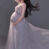  MQTIME  -  Silver Maternity Photography Dresses Sexy Sequin Beaded Dress Pregnant Women V Neck Sling Dress Baby Shower Maxi Dress