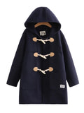 MQTIME  -  Winter Women Wool Blends Coat Straight Long Hooded Coats Jacket  Horn Button  Sleeve Preppy Style Female Warmness Outwears