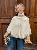 MQTIME  -  Women's Bohemian Tassel Turtleneck Pullover Sweater Hollow Out Crochet Loose Knit Poncho Cape Chic Casual Winter Fall Ladies Top
