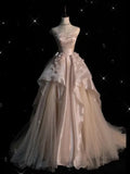 MQTIME  -  Strapless Shining Ball Gown Watteau Train Lace 3D Hand Made Flower Evening Dresses Woman Party Dress