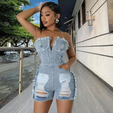 MQTIME  - Women Fashion Hole Tassel Denim Playsuits Rompers V-neck Strapless Zipper Backless Pockets Casual Streetwear Jeans Overalls