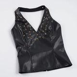  MQTIME  -  Y2k Streetwear Rivet Halter Backless V Neck Sleeveless Fashion Zipper Solid All Match Tanks