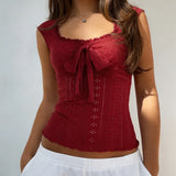 MQTIME  -  Japanese Sexy Solid Bow Tie Vest Square Neck Sleeveless Tee Spicy Girl American Retro 90s Short Top for Women 민소매 티 여성