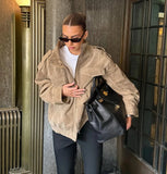 MQTIME  -  Women Casual Suede Jacket Standing Collar Pockets Loose Jacket Coat Fall Winter Fashion High Street Lady Jacket