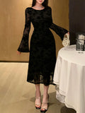  MQTIME  -  New Crew Neck Black Floral Lace Elegant Midi Dress Sexy Mesh Long Flare Sleeve Wedding Guest Dresses Women's Luxury Party Dress