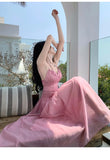 MQTIME  -  Women Summer Pink Backless Elastic Strap Long Beach Dress robe elegante femme boho dress vestidos платье высокое качество