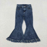  MQTIME  -  Baby Girls Denim Western Brown Cow Print Bell Bottom Kids Children Toddler Flared Pants Double Lace Pocket Jeans