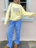 MQTIME  -  New Embroidered Lace Bow Sequins Pullover Sweater Loose Slim Women's Top Fashion Long Sleeve Soft Yellow Blouse Casual Commuting