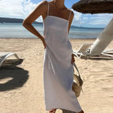 MQTIME  -  Summer Solid Color Cotton Linen Long Dress Fashion Slash Neck Holiday Beach Sling Dress Casual Sleeveless Simple A-line Dresses