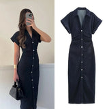 MQTIME  -  Spring Summer New Series Denim Dress Lapel Side Zipper Fashion Wrinkle Waist Slim Elegant Female Vestidos
