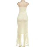 MQTIME  -  Ruched Mesh Ruffles Asymmetrical Maxi Party Dress Women Sexy Strapless Bodycon Vacation Beach Long Robe Birthday Outfits