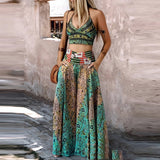 MQTIME  -   Vintage Pattern Printed Summer Holiday Set Sexy V-neck Strap Top and Long Pants Women's Suits Bohemian Sleeveless Casual Outfit