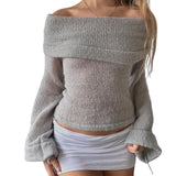 MQTIME  -  Women's Y2K Cute Off Shoulder Sweaters Chest Folding Slash Neck Flare Long Sleeve Slim Fit Knitted See-through Tops