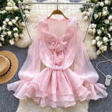 MQTIME  -  Summer New 3D Floral Beach Short Dress Female Long Sleeves Lace Up Ruffle Chiffon Cake Sundress Sheer Sexy Bohemian Vestidos