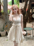 MQTIME  -  Summer White French Vintage Dress Women Lace Ruffles Kawaii Sweet Mini Dress Female Ruched Bandage Korean Fashion Strap Dress