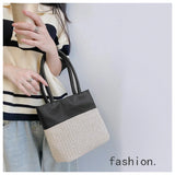 Mqtime New Woven Vegetable Basket Retro Women's Bag Small Design Spliced Grass Woven Bag Hand Bill of Ladle Shoulder Underarm Bag