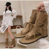  MQTIME  -  Women Bohemian Tassel Mid Calf Boots Retro Suede Clip Toe Sandal Boots Lace Up Fringe Western Cowgirl Summer Hollow Out Boots