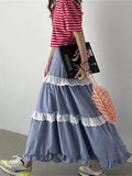 MQTIME  -  Korobov Vintage Plaid Thin Skirt Lace Splicing Wooden Ear Dress Long Swing Skirts for Woman Korean Fashion Faldas Para Mujeres