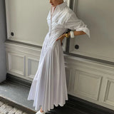  MQTIME  -  Spring Pleated Single-breasted Shirt Skirt New Lapel Long-sleeved High-waisted Temperament White Dress