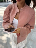 MQTIME  -  Pink Stand Collar Suede Bomber Jacket Women's Long Sleeve Pocket Zipper Coats 2025 Autumn New Lady Casual Motorcycle Outerwear