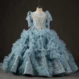 MQTIME  -  Luxury Arabic Flower Girl Dress Dubai Blue Pearls Beaded Princess Gown for Kid Birthday Wedding Party Pageant J020