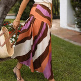 MQTIME  -  Casual Bohemian Striped Printed Women's Long Skirt Spring Summer Loose Commuting Half Skirt Vacation High Waist Party Skirt