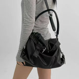 MQTIME  -  High-end Large Capacity Solid Color Washed Motorcycle Style Casual Handbag Shoulder Bag