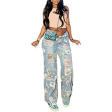 MQTIME  -  Spring New Floral Graffiti Print Ripped High Waist Loose Straight Jeans