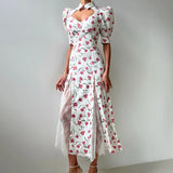  MQTIME  -  Summer New Design Style Lace Splicing Temperament Collection Waist Bubble Sleeve Long Dress for Women