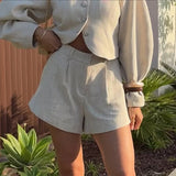 MQTIME  -  Women Autumn Winter Elegant Shorts Set Two Pieces Set Crop Single Breasted Long Sleeves Jacket Coat Female Chic Shorts Suit