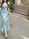 MQTIME  -  French tie dyed flower suspender chiffon dress for women's summer vacation dress backless fishtail dress