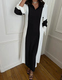 MQTIME  -  Spring Autumn Female French Elegant Contrast Color Dress Long Flare Sleeve Hollow Out Turn-down Collar Black White Women Dresses