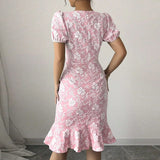 MQTIME  -  Commuting Solid Color Mid Dress Elegant Lady Short Sleeve O Neck Party Dress Sexy Slim High Waist Wrap Hips Dress Women