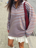 MQTIME  -  Women s Striped Long Sleeve T-shirt with Turn-down Collar Perfect for Casual Daily Wear in the Fall Season Streetwear Style