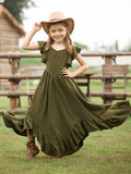 MQTIME  -  New Christmas Style Solid Color Ruffle Edge Irregular Skirt Lace Fly Sleeves Fashionable V-Neck Dress for Teenage Girls