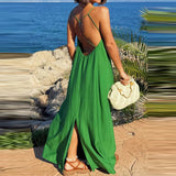 MQTIME  -  Stylish Leisure Backless Sleeveless Long Sling Dresses Summer Holiday Solid Color Beach Dress Women Casual Simple Camisole Dress