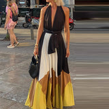 MQTIME  -  Trendy Halter Dress For Women Sexy Deep V Sleeveless Backless Tie-up Dress 2025 Summer Color Blocked Off Shoulder Evening Dress