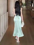 MQTIME  -  Woman Dress Sleeveless Satin V Neck Lace Patchwork Bandage Sexy Elegant Backless Mermaid Dresses Party Female Fashion