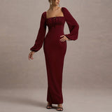 MQTIME  -  Sexy Stylish Lantern Sleeve Wrap Hips Dress Elegant Solid Color High Waist Party Dress Lady Commute Simple Lace Up Maxi Dresses