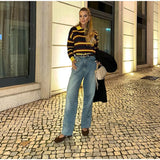 MQTIME  -  Striped Knit Pullover Women Polo Collar Half Single Breasted Long Sleeves Sweater Female Winter Chic Fashion Knitwears