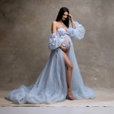 MQTIME  -  Fairy Blue Floral Matenity Dress Photoshoot Off Shoulder Illusion Soft Tulle Slit Maternity Dresses Pregnancy Gown Baby Shower