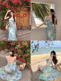 MQTIME  -  French tie dyed flower suspender chiffon dress for women's summer vacation dress backless fishtail dress