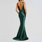 MQTIME  -  Summer Off Shoulder Suspender Satin Robe Dress Simple Solid Color Slim Fit Women's Wedding Dress Elegant Backless Party Dresses