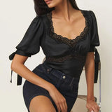 MQTIME  -  Women Summer Elegant Satin Silk Tops Lace Patchwork Adjustable Ribbon Tied Short Puff Sleeves Sweatheart Neck Blouse