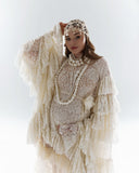 MQTIME  -  Boho Chic Maternity Dress for Pregnancy – Ivory White Lace Maxi Gown with Ruffled Long Sleeves, Pearl Embellishments High Slit