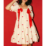 MQTIME  -  Women's Cute Satin Bownot Tied Heart Print Puff Short Sleeve Ruffle Hem Tiered Flowy Loose A-Line Mini Babydoll Dress