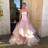 Mqtime Blush Pink Strapless Formal Dress Fluffy Tiered Soft Tulle Long Prom Party Dresses فساتين السهرة vestidos de fiesta Custom