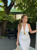  MQTIME  -  Fashion Halter Long Dress For Women V-neck Sleeveless A-line Draped Hip Package Robe Summer Elegant Female Party Dresses