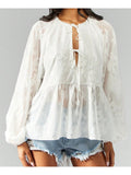 MQTIME  -  Elegant Women s Embroidered Blouse with Floral Detailing Stylish Casual Tie-Front Top with Loose Fit and Long Sleeves